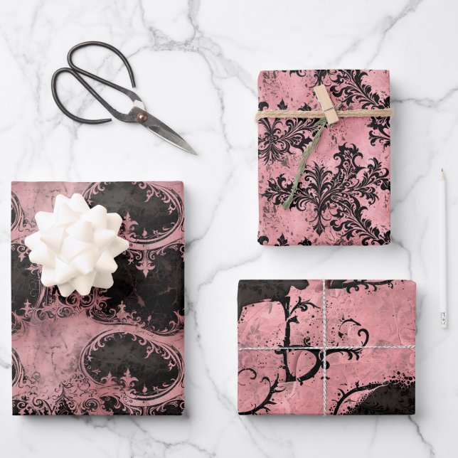 Pink and Black Gothic Grunge Wrapping Paper Sheets (Front)