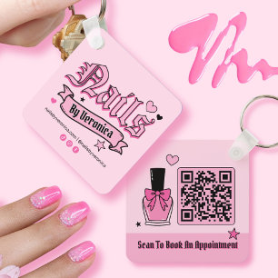 Pink and Black Gothic Lettering Qr Code Nail Tech Keychain
