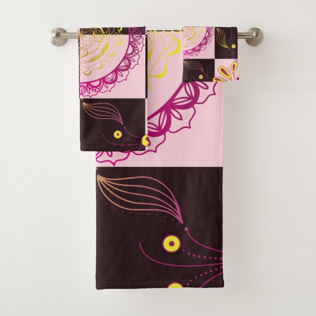 Pink and Black Graphic Art, Mystic Checkerboard Bath Towel Set (Insitu)