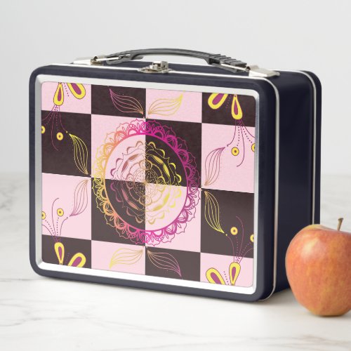 Pink and Black Graphic Art Mystic Checkerboard Metal Lunch Box