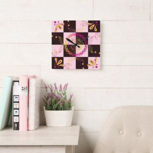 Pink and Black Graphic Art, Mystic Checkerboard Square Wall Clock