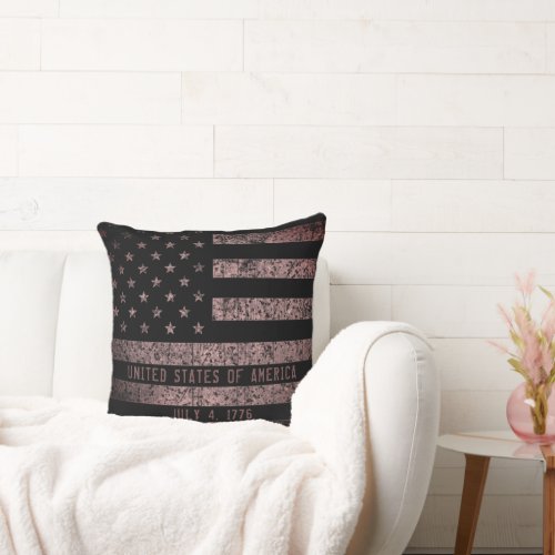 Pink and Black Grunge Vintage American Flag Throw Pillow
