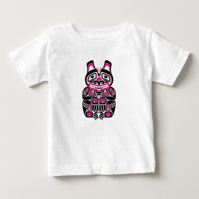 Pink and Black Haida Spirit Bear on Black Baby T-Shirt (Front)