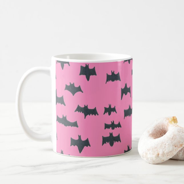 Pink and Black Halloween Bats Coffee Mug (With Donut)