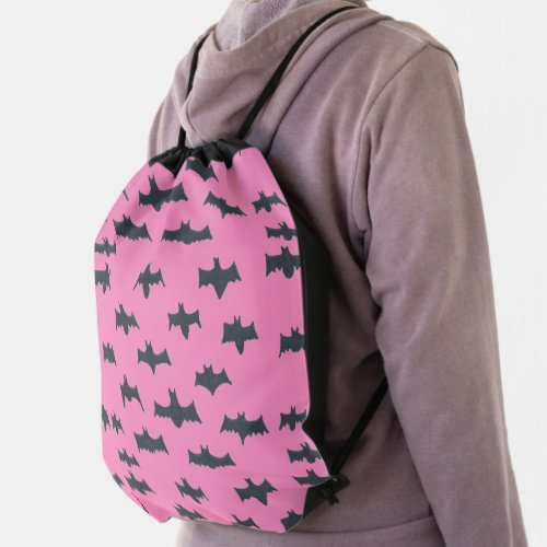 Pink and Black Halloween Bats  Drawstring Bag