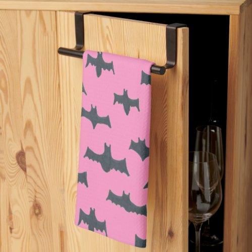 Pink and Black Halloween Bats Kitchen Towel