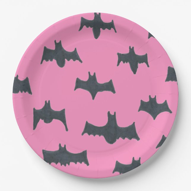 Pink and Black Halloween Bats Paper Plates (Front)