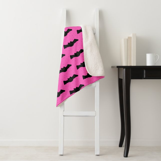 Pink and Black Halloween Bats Sherpa Blanket (In Situ)