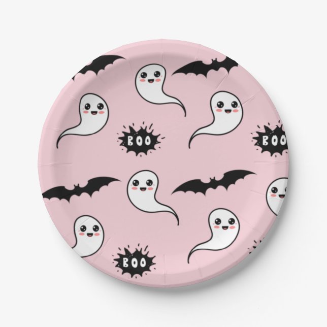 Pink and Black Halloween Paper Plates (Front)