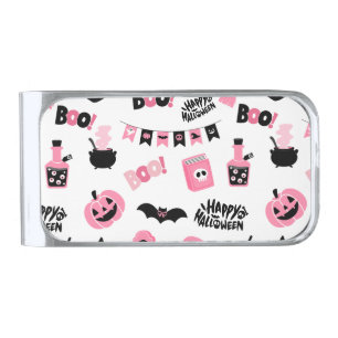 Pink and Black Halloween Silver Finish Money Clip
