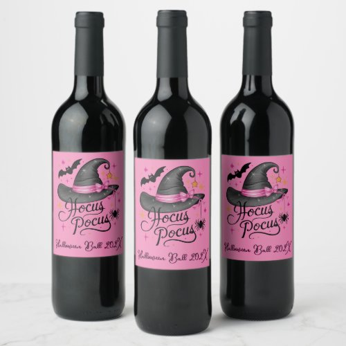 Pink and Black Halloween Witch Customizable Wine Label