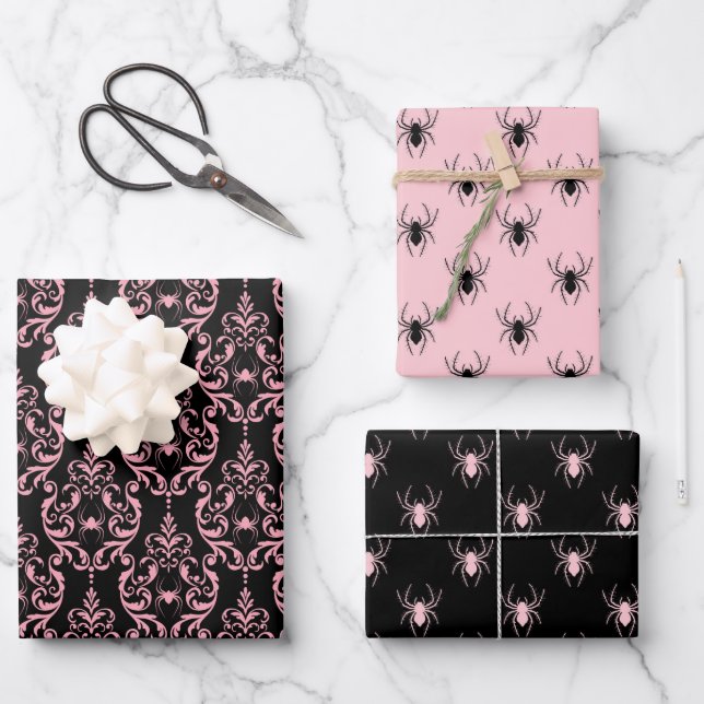 Pink and Black Halloween Wrapping Paper Sheets (Front)