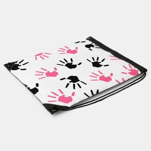 Pink and Black Handprints Drawstring Backpack | Zazzle