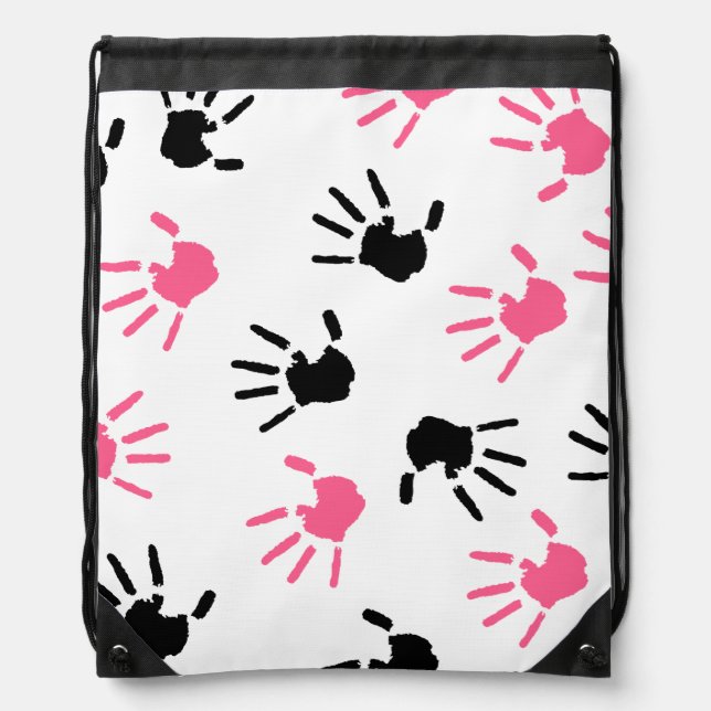 Pink and Black Handprints Drawstring Backpack (Front)
