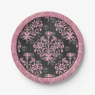 Pink and Black Harlequin and Damask Paper Plates
