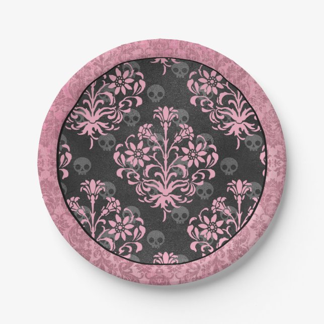 Pink and Black Harlequin and Damask Paper Plates (Front)