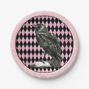 Pink and Black Harlequin and Raven Paper Plates