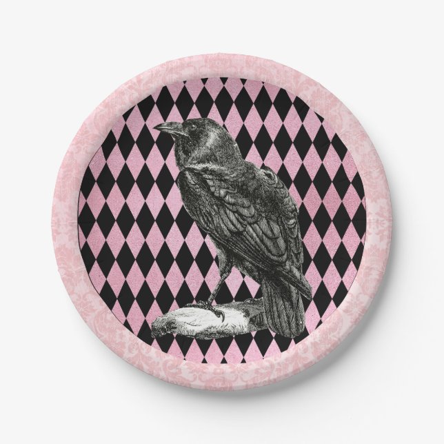 Pink and Black Harlequin and Raven Paper Plates (Front)