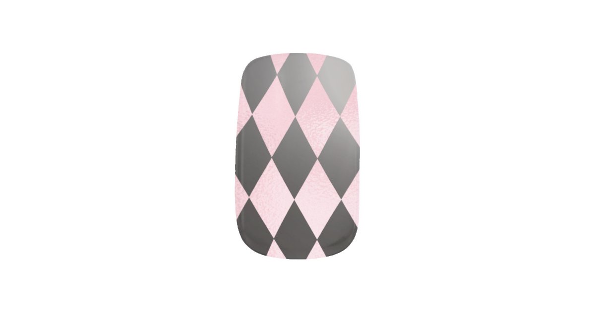 Pink and Black Harlequin Diamond Pattern Minx Nail Art