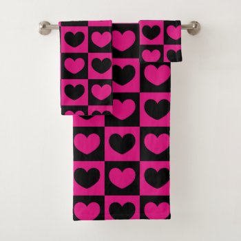 Pink And Black Hearts Bath Towel Set by JanesPatterns at Zazzle