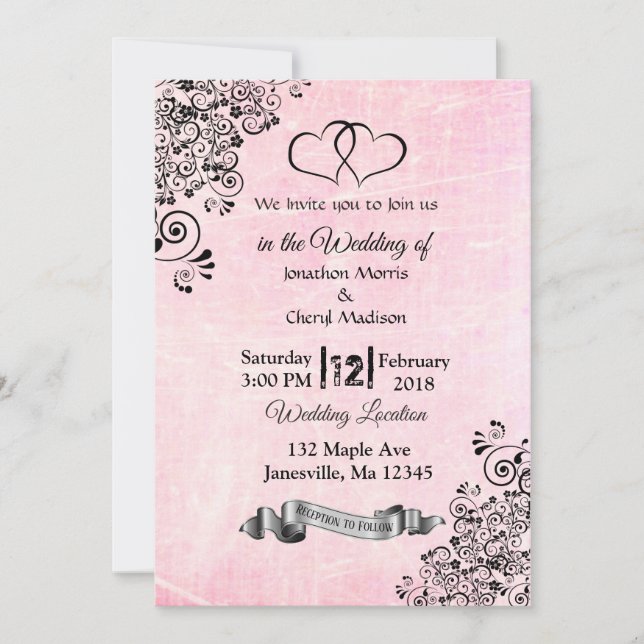 Pink and Black Hearts Wedding Invitations (Front)