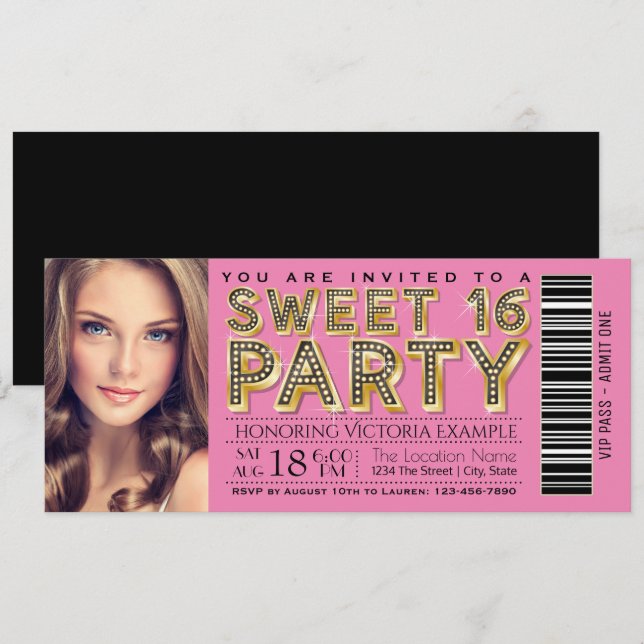 Pink and Black Hollywood Glam Sweet 16 Ticket Invitation (Front/Back)