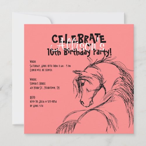 Pink and Black Horse Head Sketch Birthday Invite