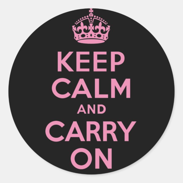 Pink and Black Keep Calm And Carry On Classic Round Sticker (Front)