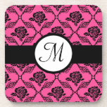 Pink And Black Lacy Floral Monogram Drink Coaster at Zazzle