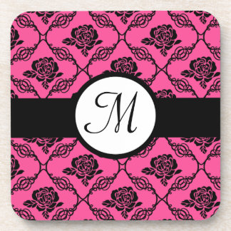 Pink and Black Lacy Floral Monogram Drink Coaster