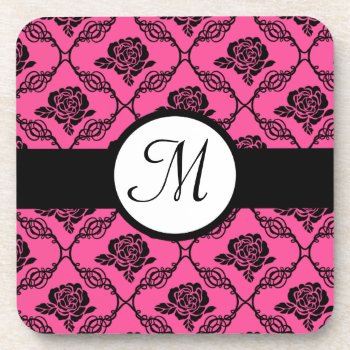 Pink And Black Lacy Floral Monogram Drink Coaster by PatternPlethora at Zazzle