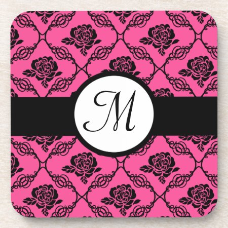 Pink And Black Lacy Floral Monogram Drink Coaster