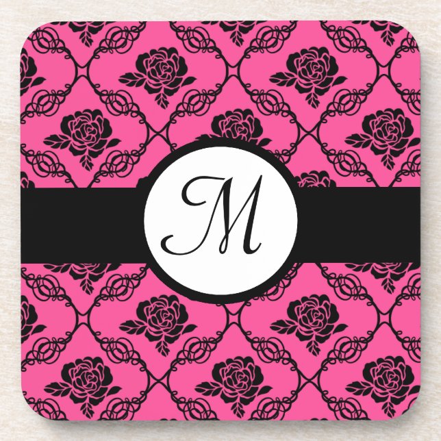 Pink and Black Lacy Floral Monogram Drink Coaster (Front)