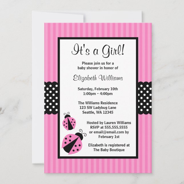 Pink and Black Ladybug Striped Dots Baby Shower Invitation (Front)