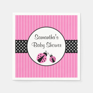 Pink and Black Ladybug Striped Dots Baby Shower Paper Napkins