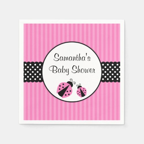 Pink and Black Ladybug Striped Dots Baby Shower Paper Napkins