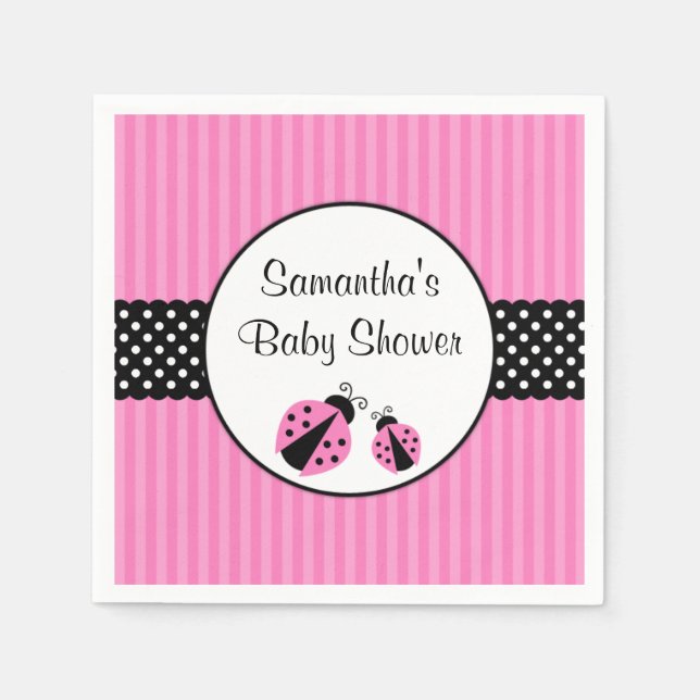 Pink and Black Ladybug Striped Dots Baby Shower Paper Napkins (Front)