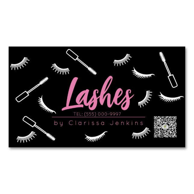 Pink and Black Lashes Eyelash Extensions makeup Business Card Magnet (Front)
