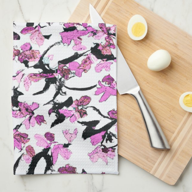 Pink and Black Leaf Pattern Kitchen Towel (Quarter Fold)