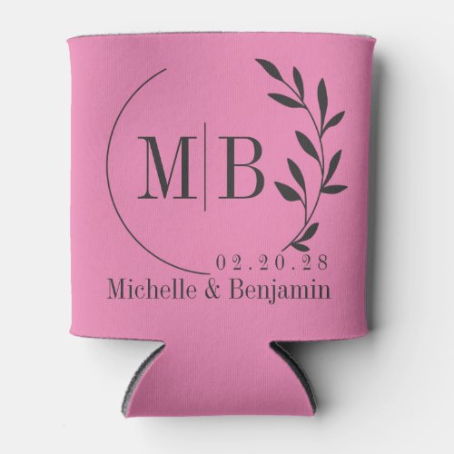 Pink and Black Leaf Wedding Monogram Can Cooler