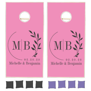 Pink and Black Leaf Wedding Monogram Cornhole Set