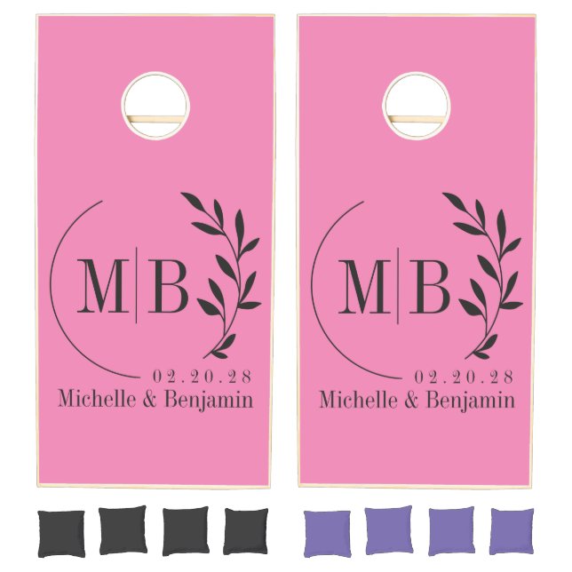 Pink and Black Leaf Wedding Monogram Cornhole Set (Set)