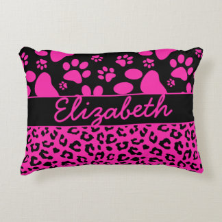 Pink and Black Leopard Print and Paws Personalized Accent Pillow