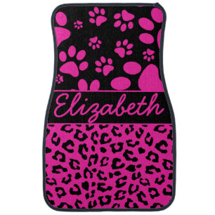 Pink and Black Leopard Print and Paws Personalized Car Floor Mat