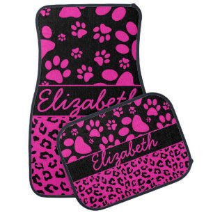 Pink and Black Leopard Print and Paws Personalized Car Mat