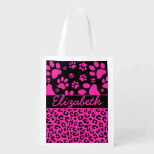 Pink and Black Leopard Print and Paws Personalized Grocery Bag
