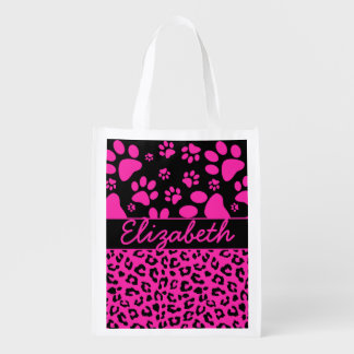 Pink and Black Leopard Print and Paws Personalized Grocery Bag