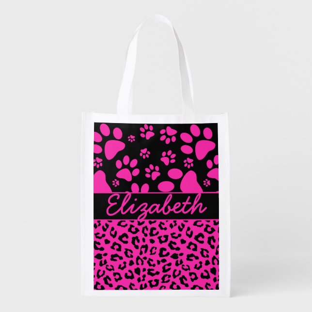 Pink and Black Leopard Print and Paws Personalized Grocery Bag (Front)