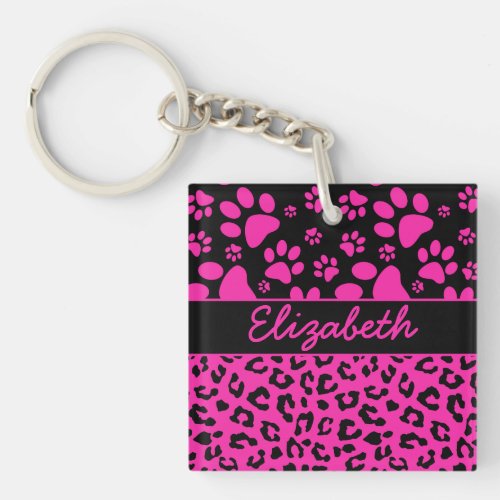 Pink and Black Leopard Print and Paws Personalized Keychain