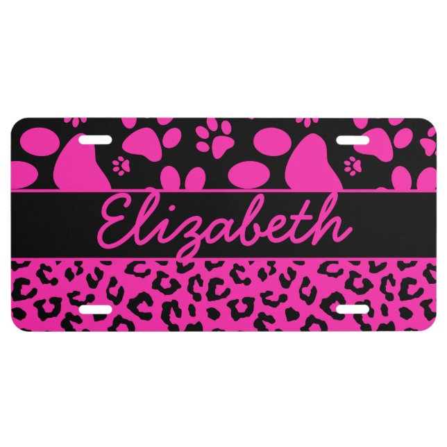 Pink and Black Leopard Print and Paws Personalized License Plate (Front)